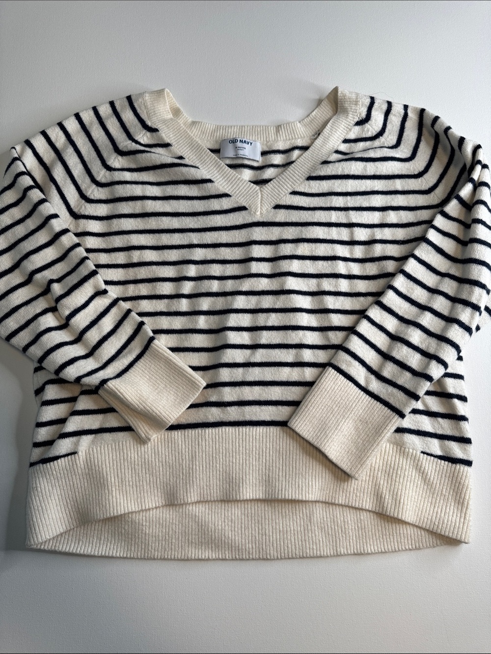 Old Navy Cream V-Neck Sweater with Navy Stripes